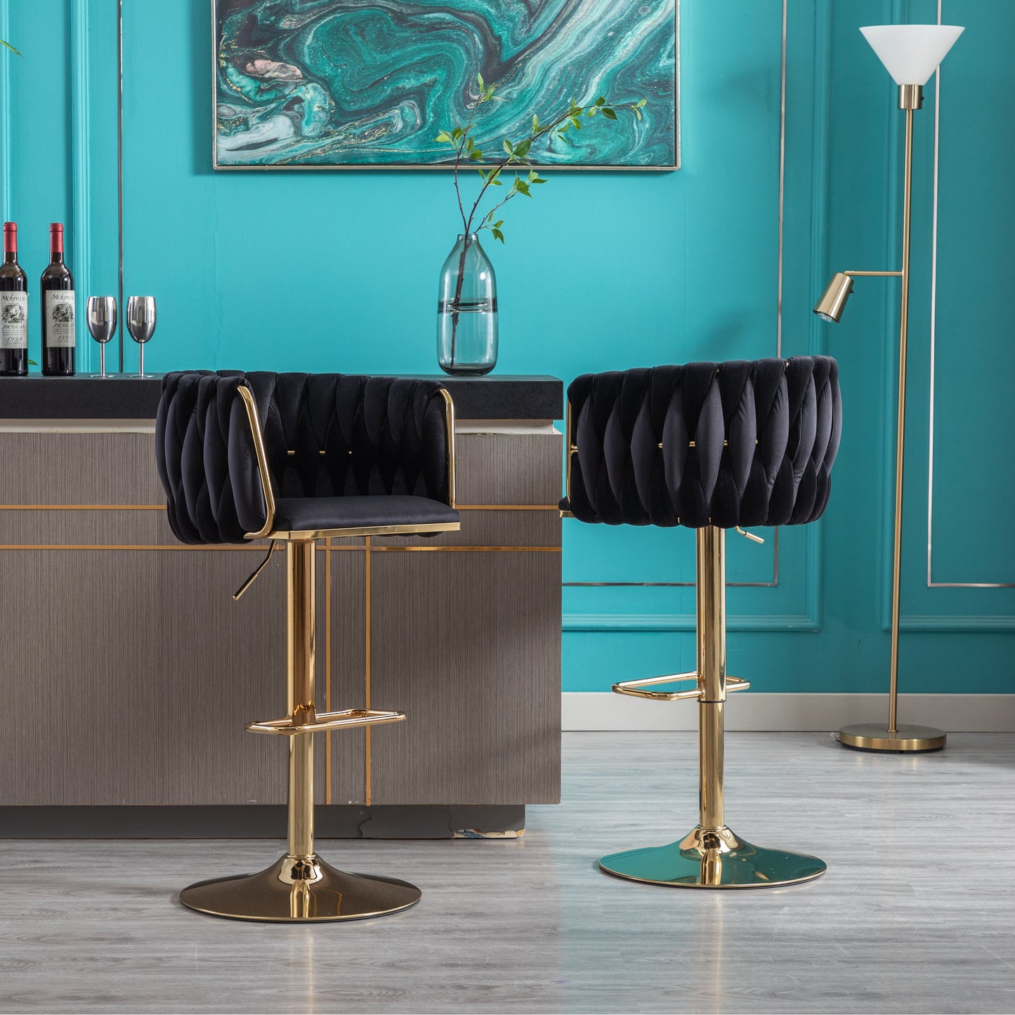Set of 2 Bar Stools with Chrome Footrest and Base Swivel Height Velvet + Golden Leg Simple Bar Stool-Black