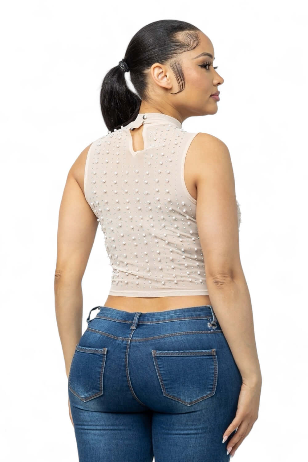 Mesh See Through Pearls Studs Embellished Top