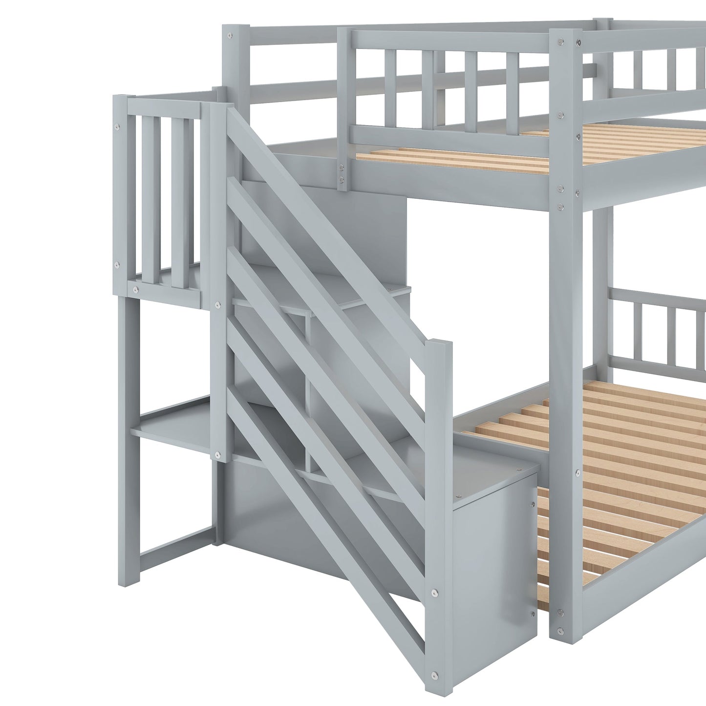Twin over Twin Floor Bunk Bed, Ladder with Storage Gray