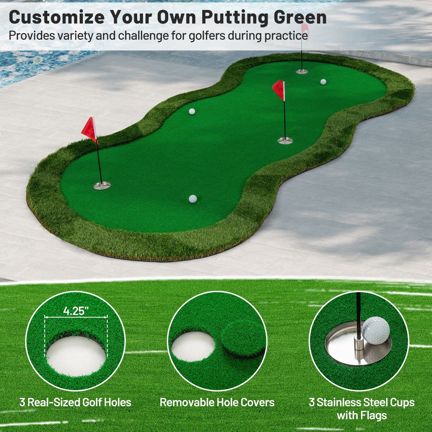 5 x 10 Feet Golf Practice Putting Green Mat with 3 Holes and Golf Balls for Home Office Backyard
