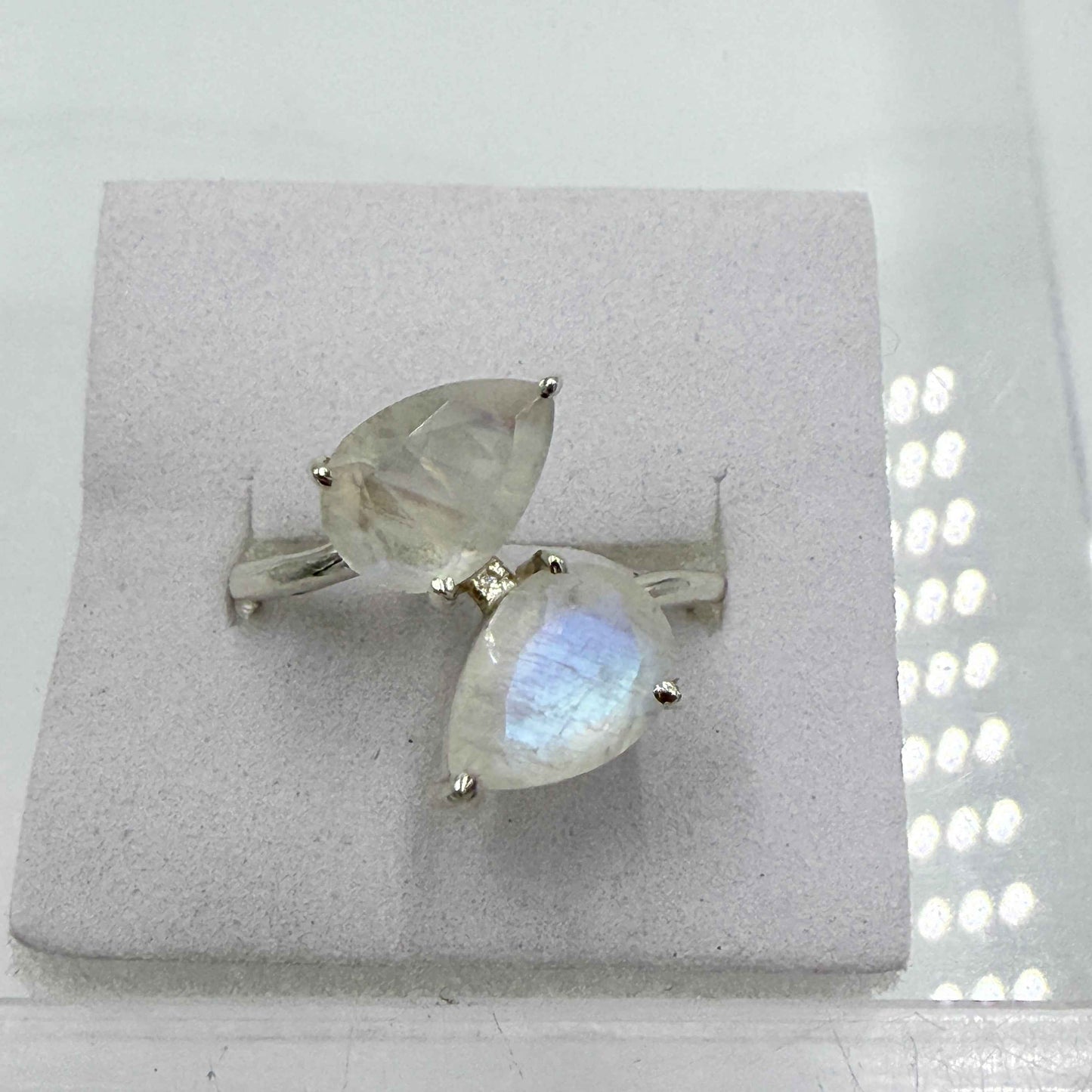 Sterling Silver Rainbow Moonstone Double Pear Ring – Size 8 – Intuition, Balance & New Beginnings