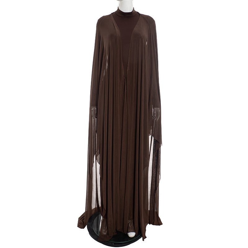 Women Clothing Pullover Backless Long Sleeves Ribbon Dress Mesh Long Wrap Slim Fit Two Piece Sets