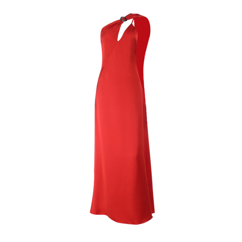 Sexy Slit Mesh Stitching One Shoulder Dress Maxi Dress Women Autumn Clothing