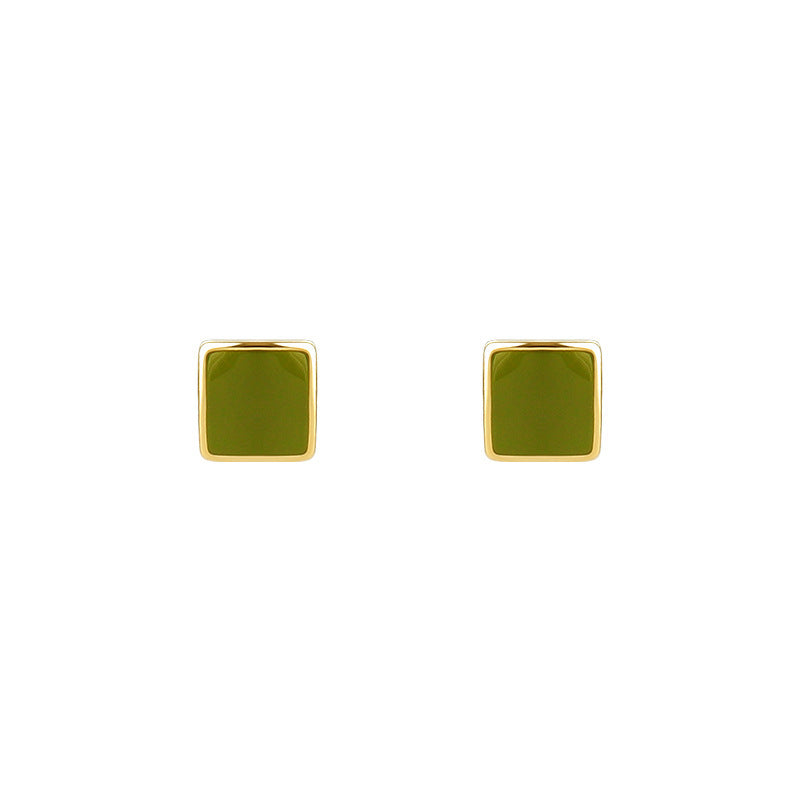 Green Enamel Geometry Square Stud Earrings