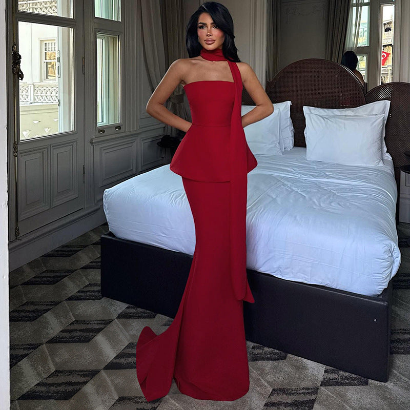 Autumn Winter Women Sexy Backless Solid Color Slim Ribbon Tube Top Dress