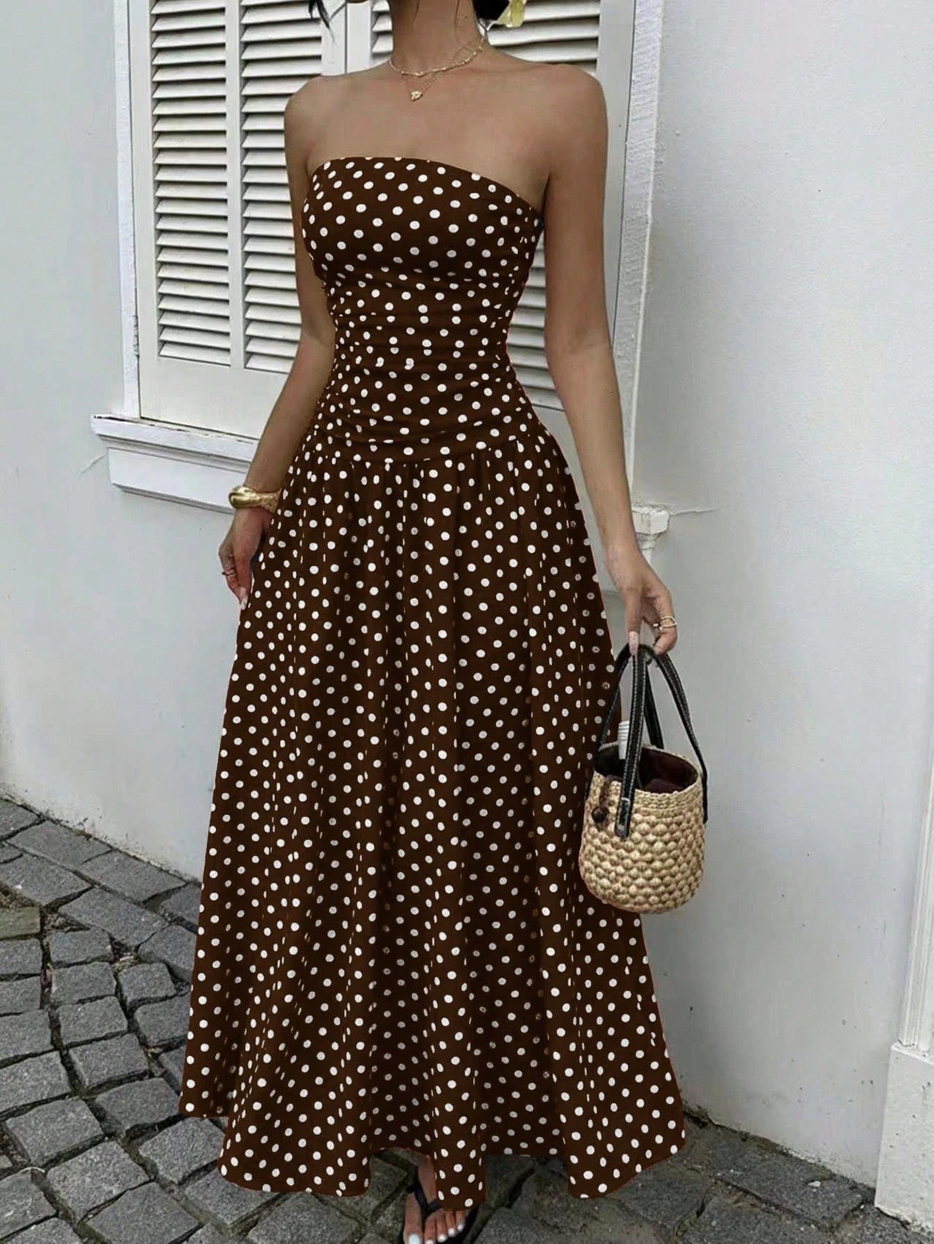 Spring Summer Sexy off the Shoulder Polka Dot A line Elegant Waist Slimming Dress Evening Dress