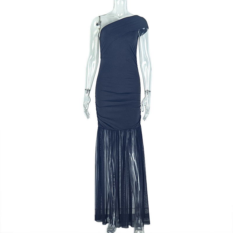 Fresh Solid Color Women Clothing Pleated Waist Tight Asymmetric One Shoulder Oblique Leader Split Length Dress