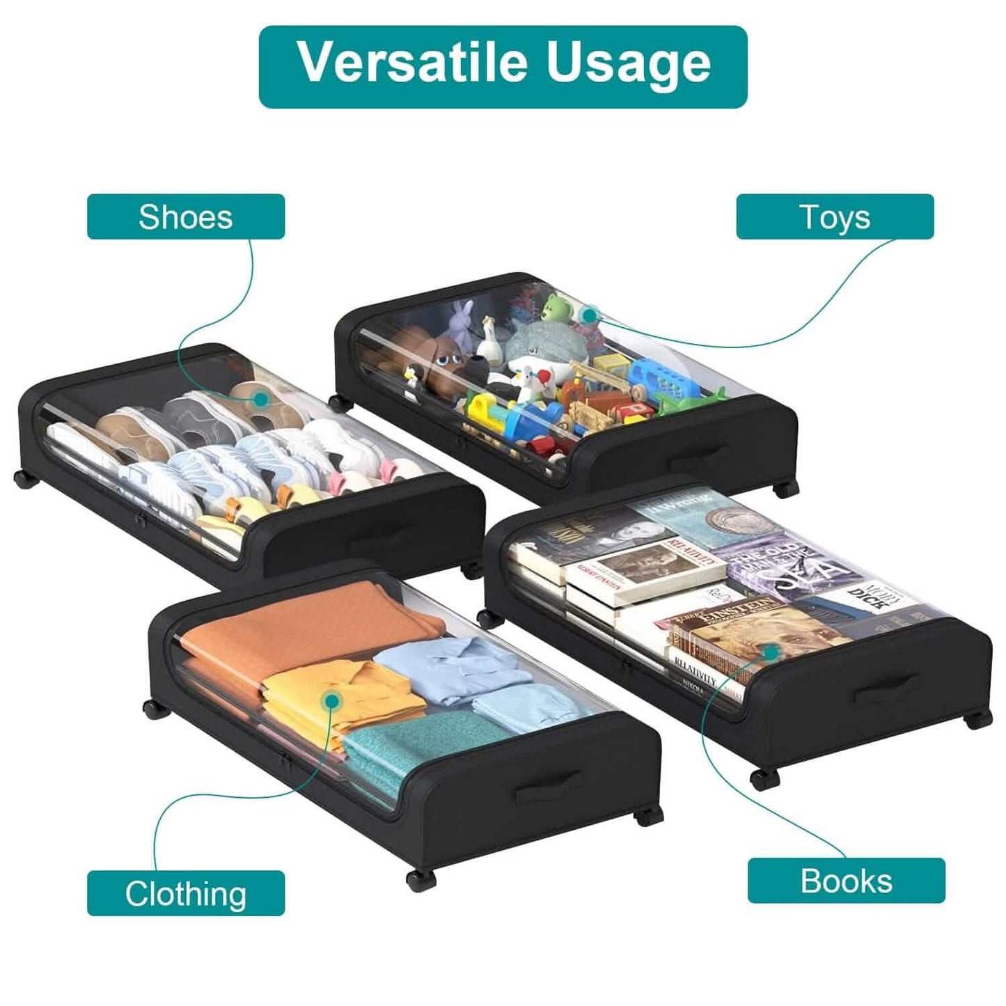 Under-Bed Storage Drawer with Wheels Multipurpose with Clear Window & Label