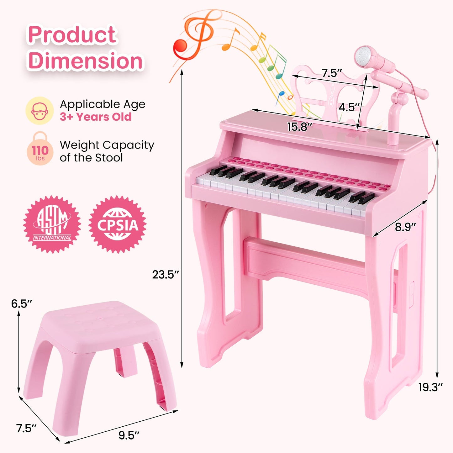 37 Keys Music Piano with Microphone Kids Piano Keyboard with Detachable Music Stand