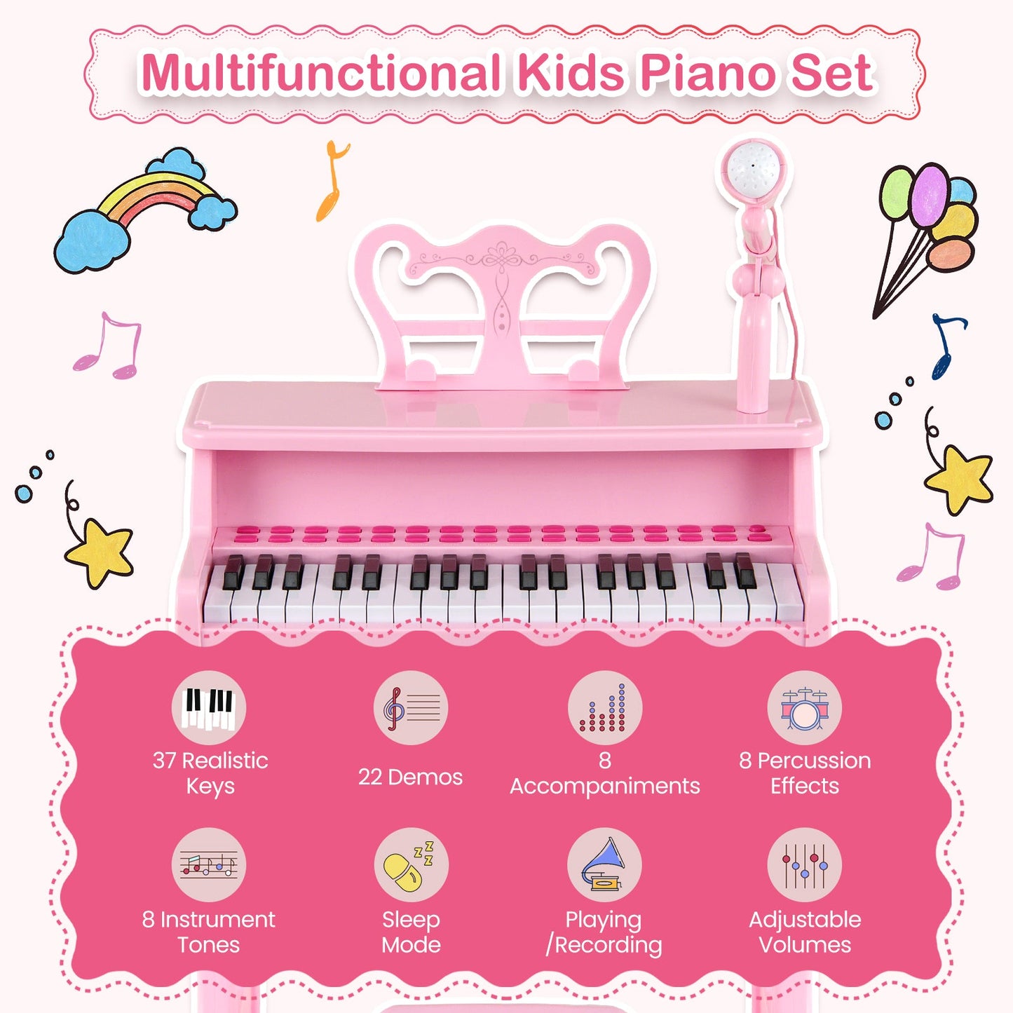 37 Keys Music Piano with Microphone Kids Piano Keyboard with Detachable Music Stand
