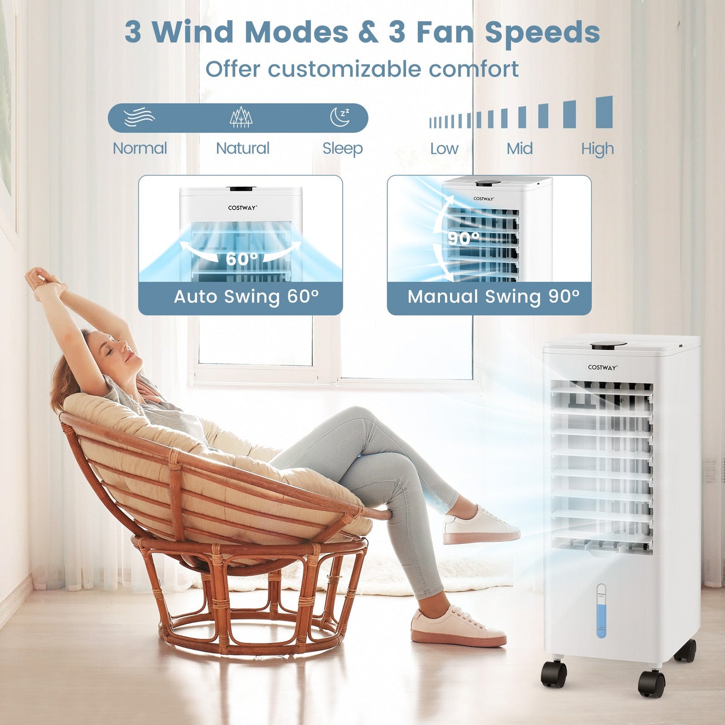 Costway Evaporative Air Cooler Fan Portable Oscillating Swamp with 3 Speeds Modes Remote