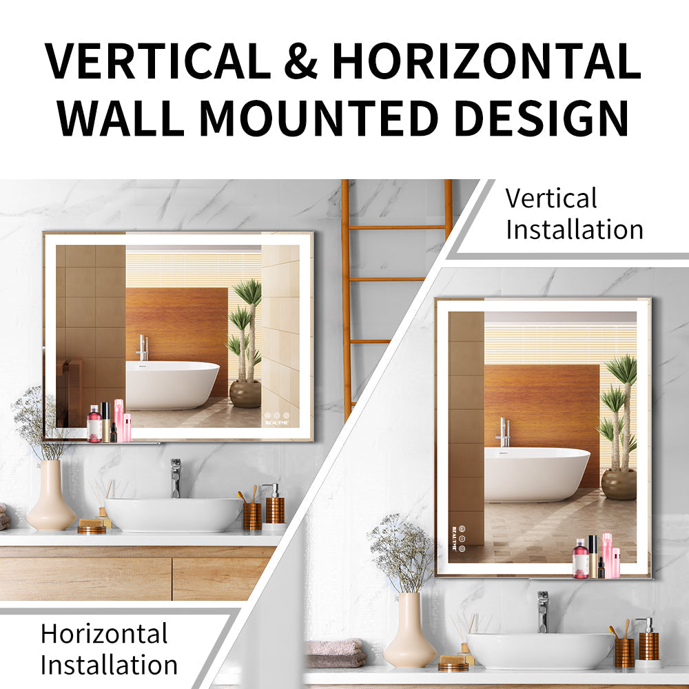 48x24 inch LED bathroom makeup mirror wall mounted adjustable light anti fog touch switch with memory intelligent large bathroom