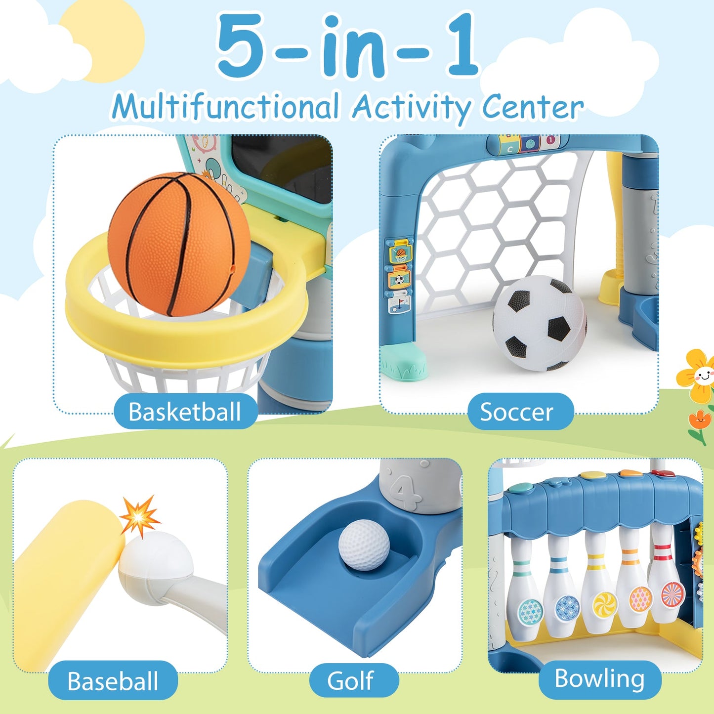 5 in 1 Toddler Sports Toy with Adjustable Basketball Hoop for Baby Boys Girls 18 Months+