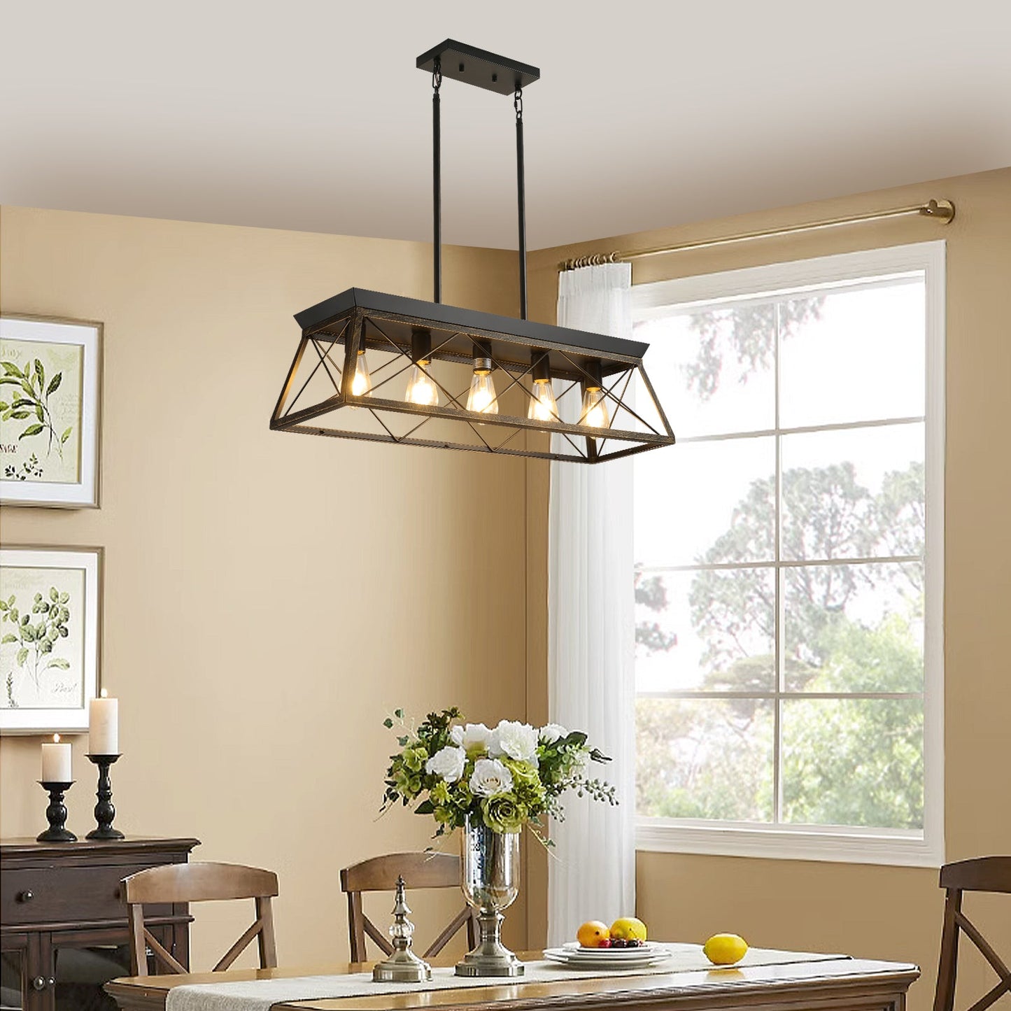 5-Light Farmhouse Chandeliers for Dining Room Metal Rustic Pendant Island Light  Modern Rectangular Island Lights (No Bulbs)