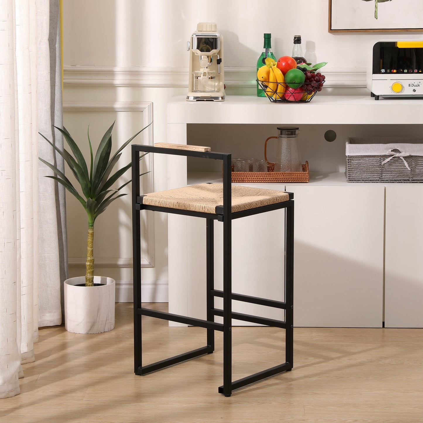 Set of 2 Bar Stools with Back Paper Rope Woven Counter Height Dining Chairs for Kitchen Home (Paper Rope with Back)