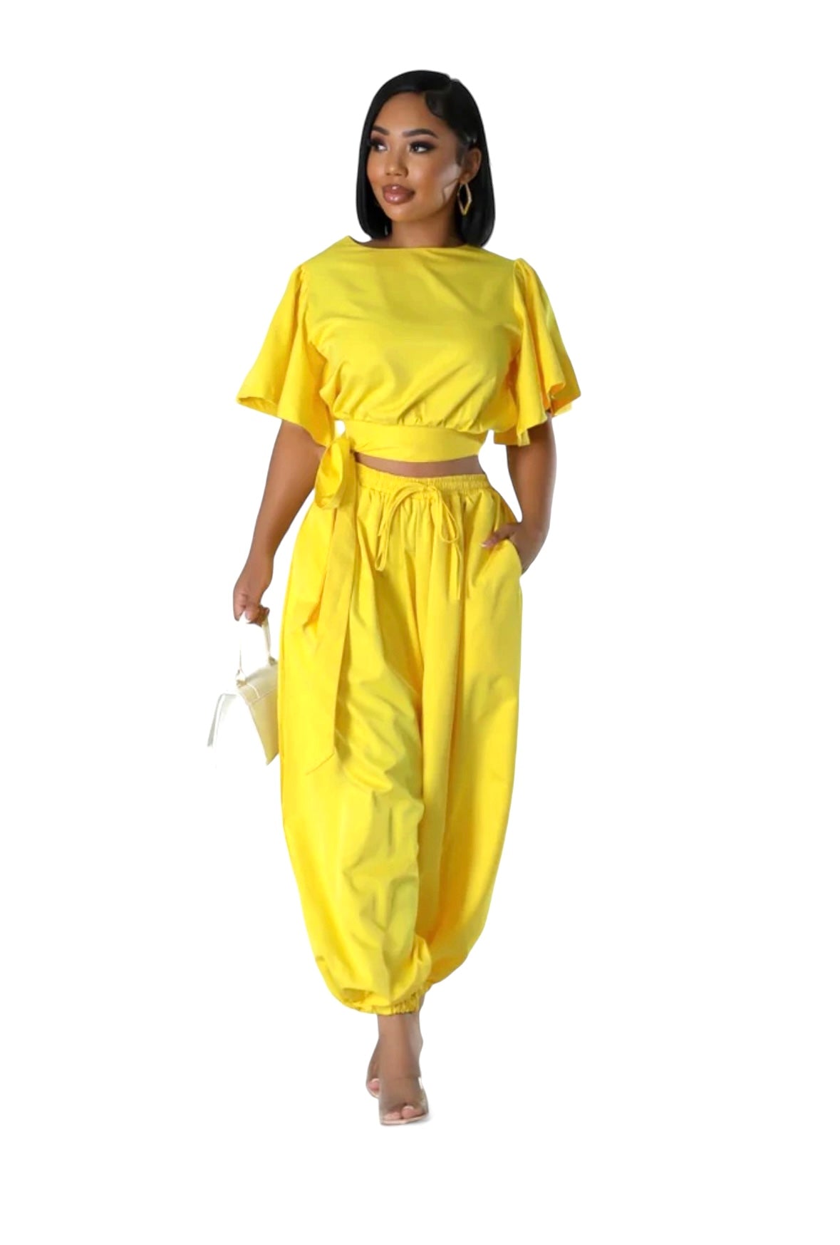 Ruffle Short Sleeve Crop Top & Jogger Pants Set