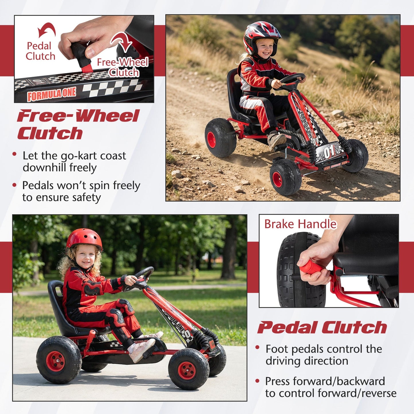Go Kart for Kids 4 Wheels Pedal with Adjustable Seat and Multi-Terrain Wheels