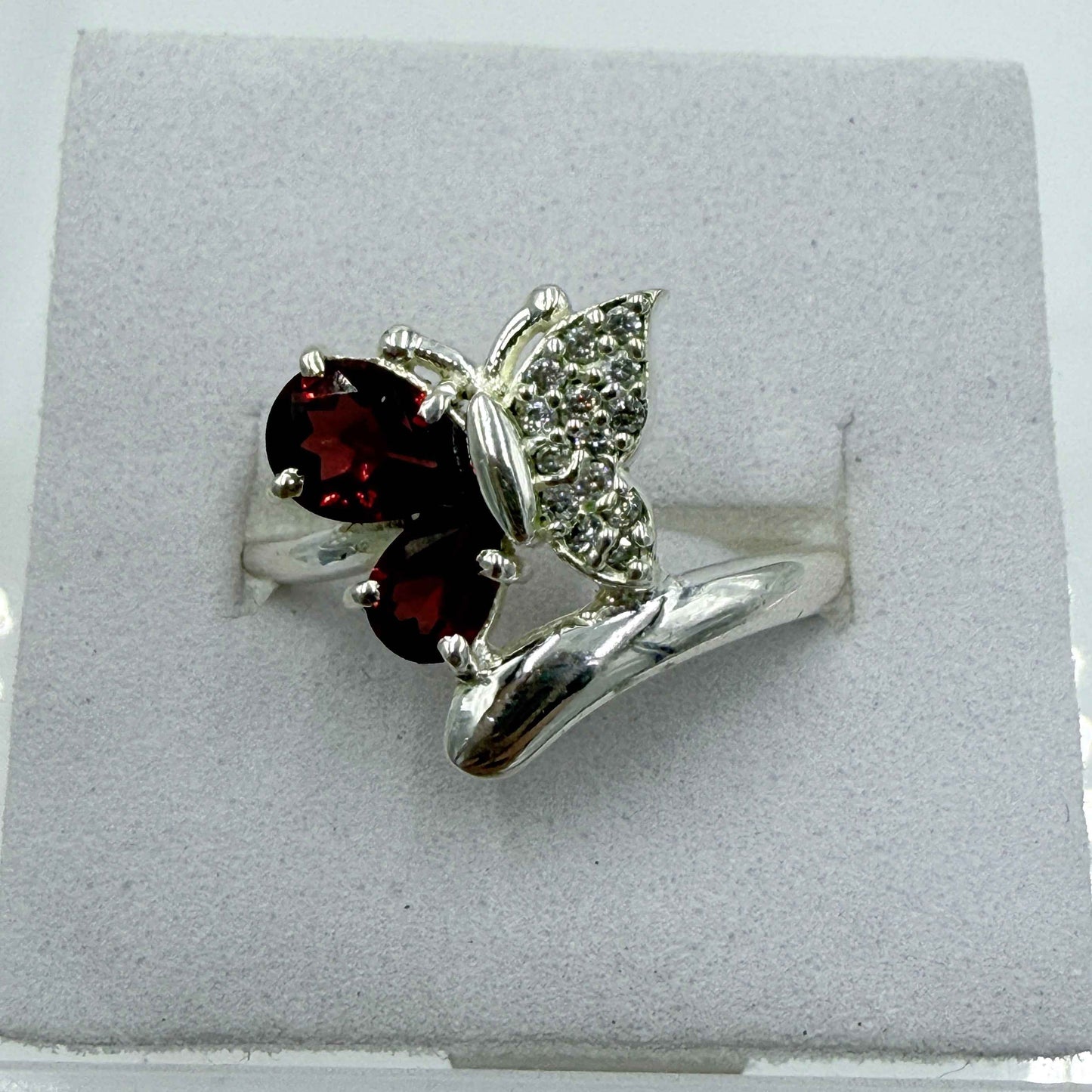 Sterling Silver Cushion-Cut Garnet Butterfly Ring – Size 8 – Passion, Strength & Grounding
