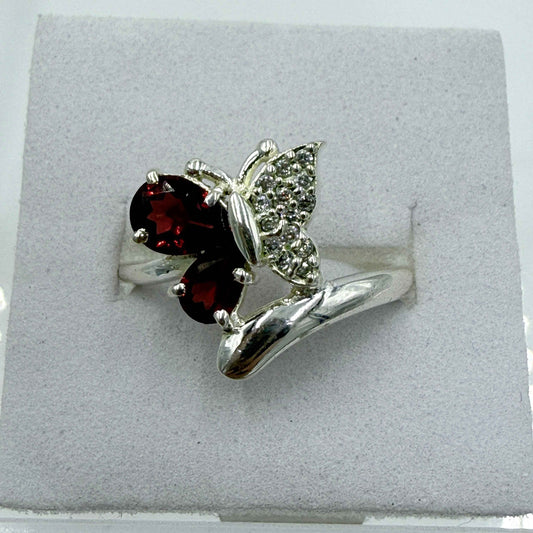 Sterling Silver Cushion-Cut Garnet Butterfly Ring – Size 8 – Passion, Strength & Grounding
