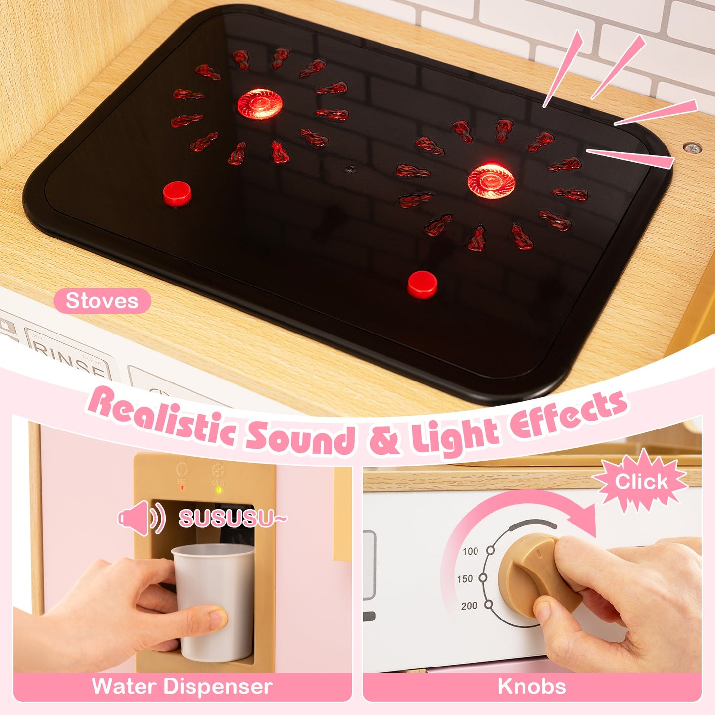 Kids Wooden Kitchen Playset with Realistic Lights and Sounds