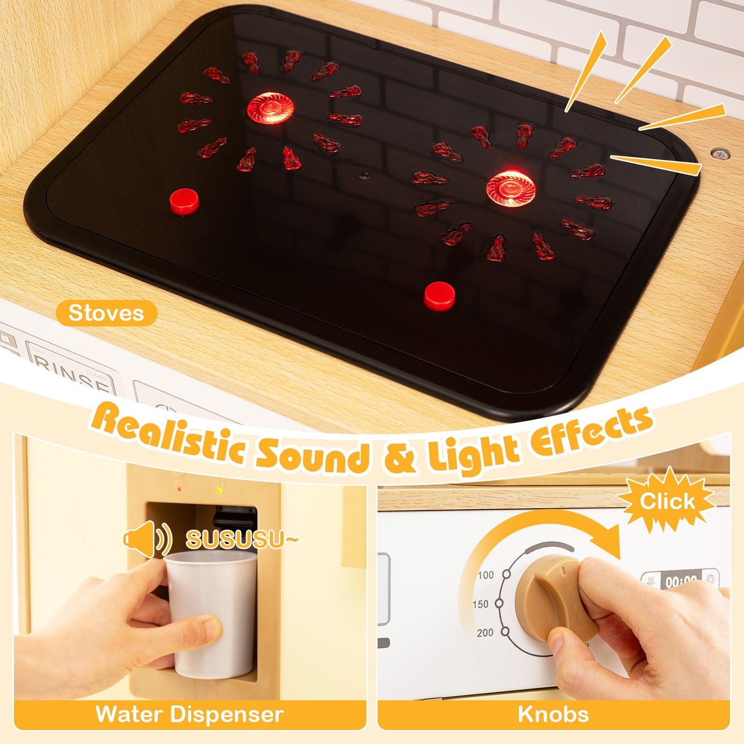 Kids Wooden Kitchen Playset with Realistic Lights and Sounds