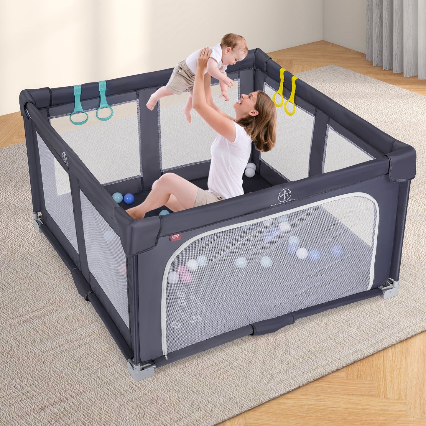 Large Baby Playpen BPA-Free Foldable Toddlers Safety Fence Play Yard-Dark Grey