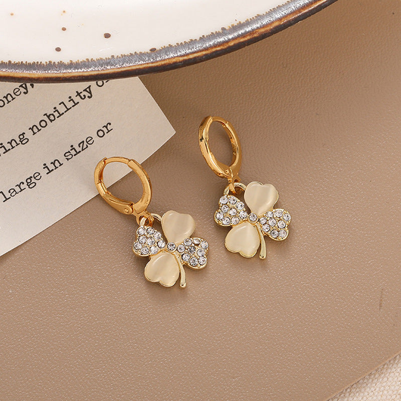 Crystal Rhinestone Four Clover Leaf Shaped Hoop Earrings