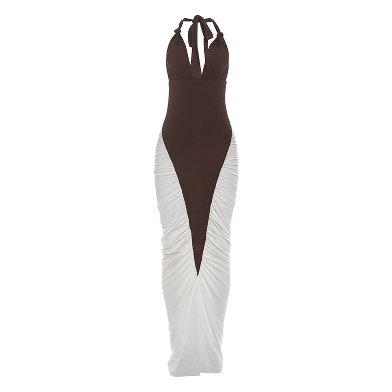 Autumn Winter Women Sexy Backless Halter V neck Colorblock Contrast Color Sheath Dress