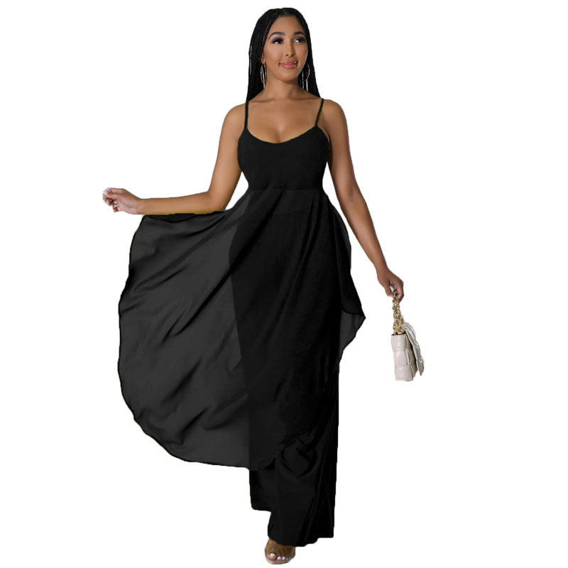 Summer Women Clothing Solid Color Overall Skirt Set Mesh Stitching Two Piece Sets Sexy