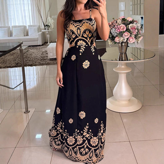 Women Elegant Graceful Spaghetti Strap Vintage Pattern Printing Dress
