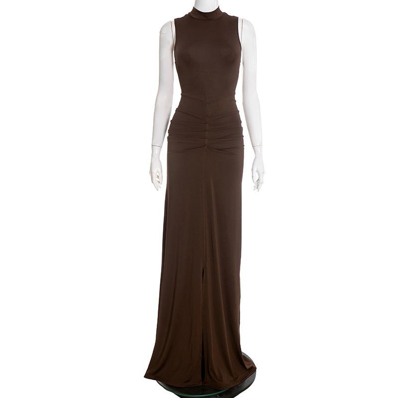 Women Clothing Spring Solid Color Casual Elegant round Neck Sleeveless Pleated Slim Maxi Dress