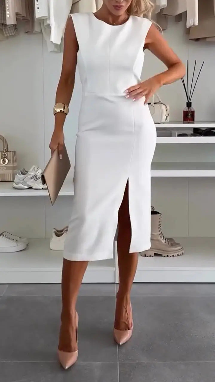 round Neck Elegant Split Solid Color Slim Fit Dress Women