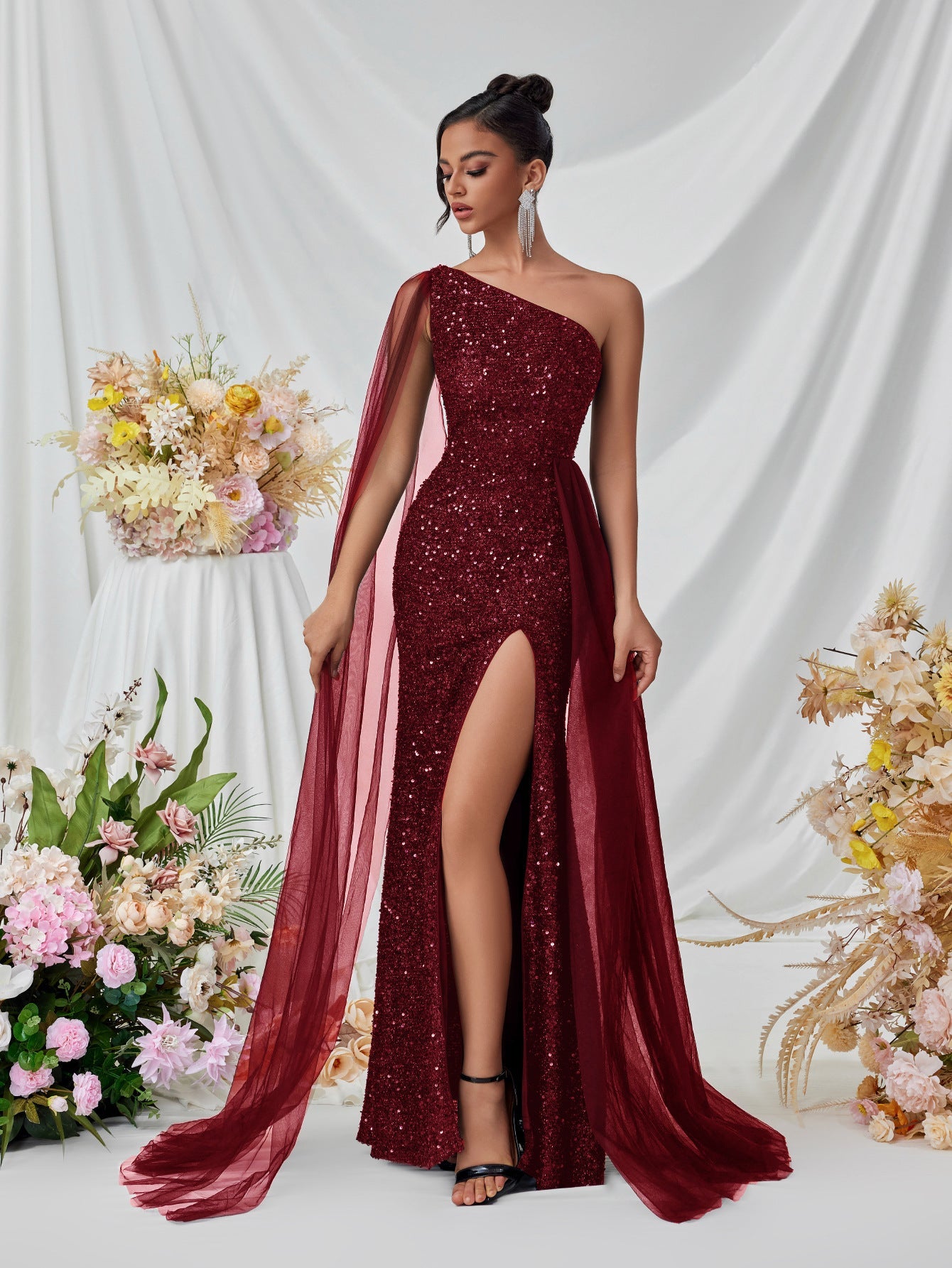 Shoulder Sequined Evening Dress Mesh Ribbon High Slit Design the Dinner Party Stage Maxi Dress