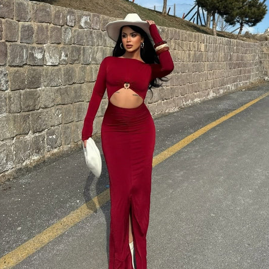 Women Clothing Maxi Dress Hollowed out Long Sleeve Dress