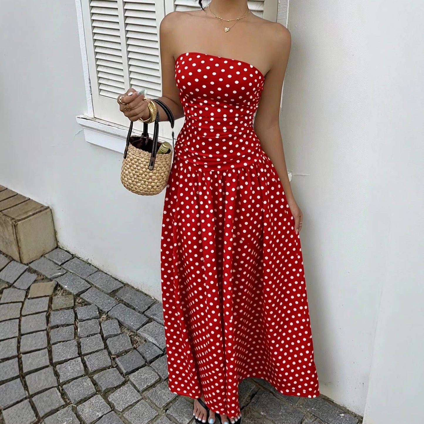 Spring Summer Sexy off the Shoulder Polka Dot A line Elegant Waist Slimming Dress Evening Dress