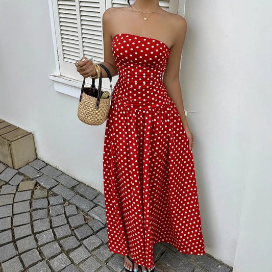 Spring Summer Sexy off the Shoulder Polka Dot A line Elegant Waist Slimming Dress Evening Dress