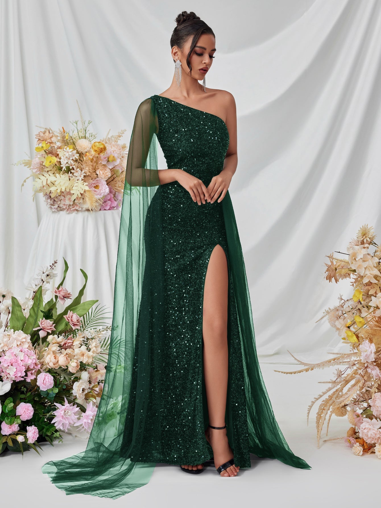 Shoulder Sequined Evening Dress Mesh Ribbon High Slit Design the Dinner Party Stage Maxi Dress