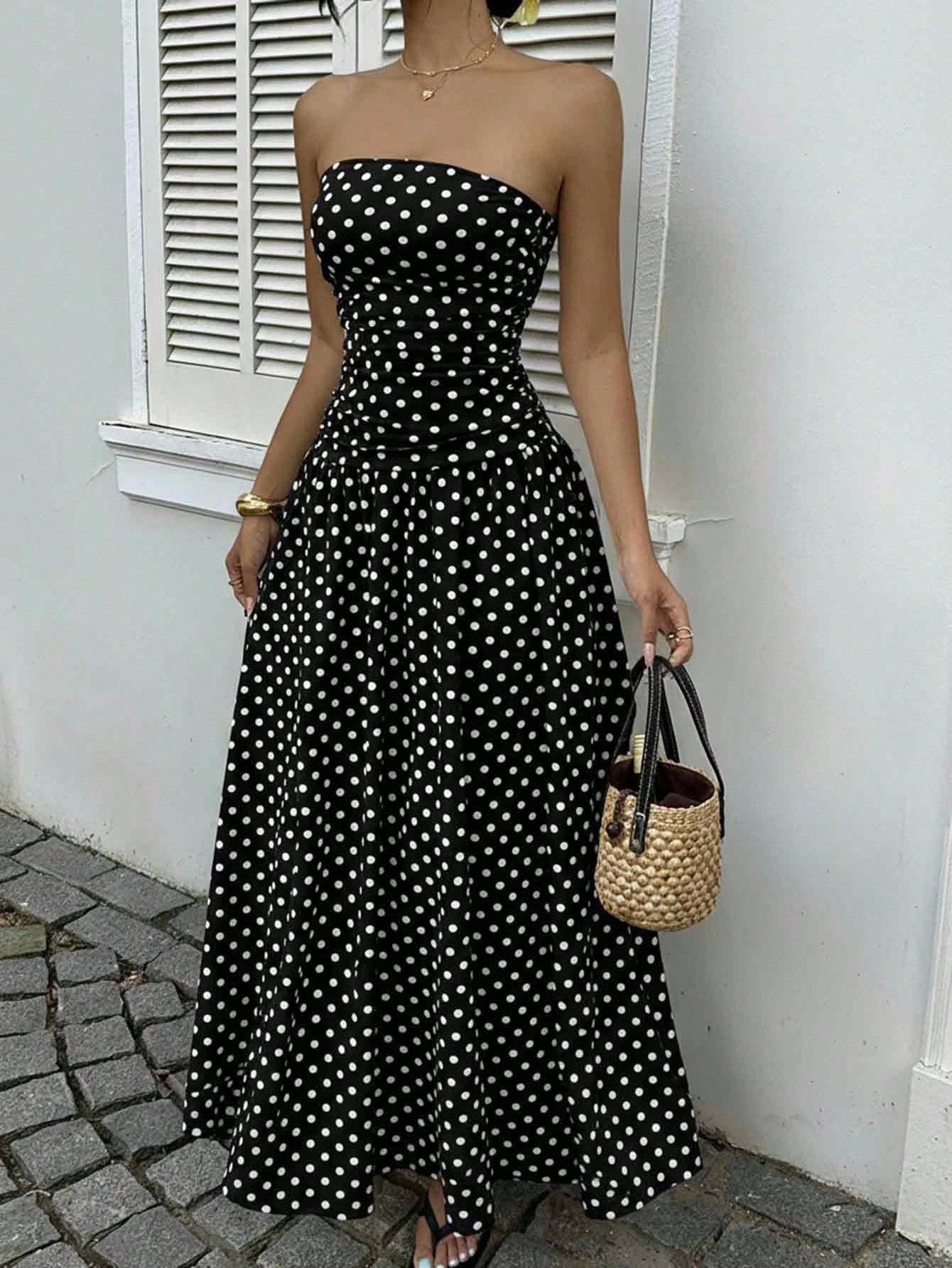 Spring Summer Sexy off the Shoulder Polka Dot A line Elegant Waist Slimming Dress Evening Dress