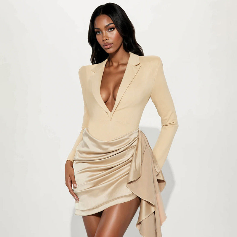 Women Clothing Autumn Winter Solid Color Long Sleeve Deep V Plunge neck Oblique Ribbon Business Blazers Dress