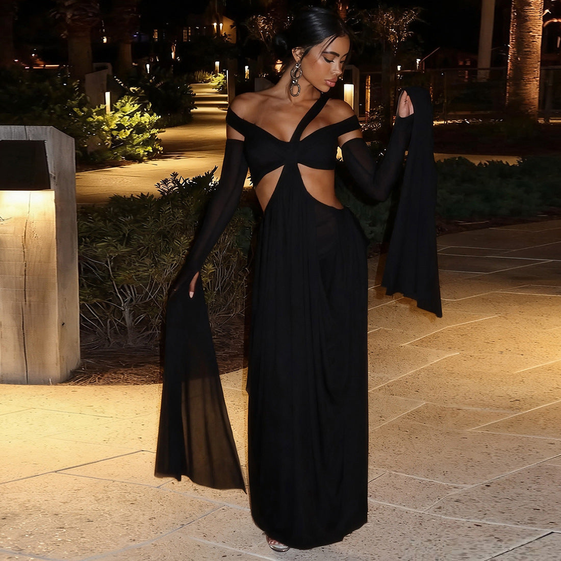 Autumn Winter Women Hanging Collar Solid Color Stitching Oversleeve Sexy Cutout Sexy Dress