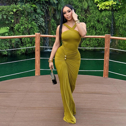 Autumn Winter Women Clothing Cross Halter Solid Color Pleated Waist Tight Slimming Fishtail Dress
