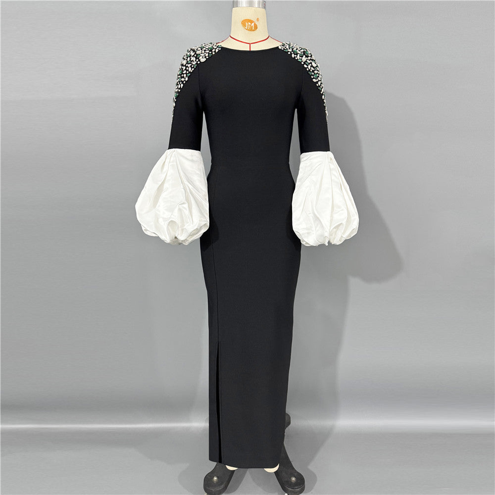 Exquisite Rhinestone Stitching Puff Sleeve Bandage One Piece Dress Debutante Gala Dinner Party Dress