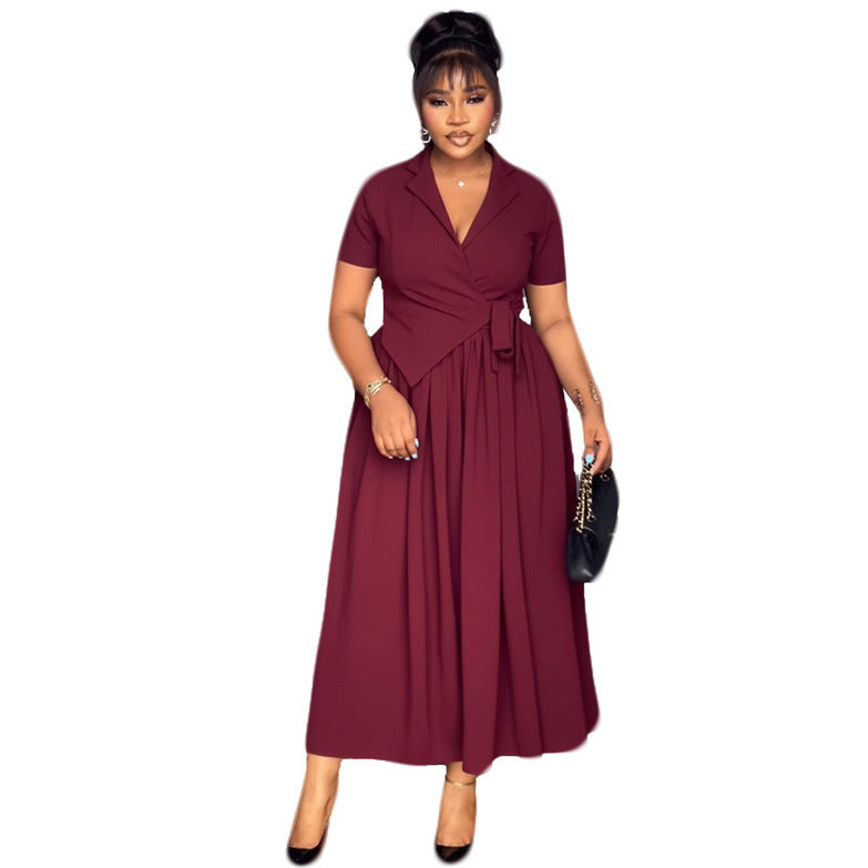 Elegant Office Collared Waist Tight Lace up Loose Dress
