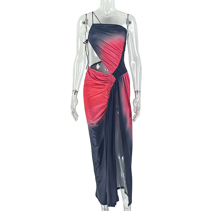 Women Wear Multicolor Printing Split Cropped Hip Dress Pleated Diagonal Collar Sleeveless Dress