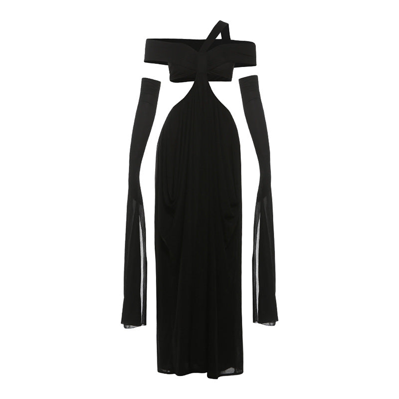 Autumn Winter Women Hanging Collar Solid Color Stitching Oversleeve Sexy Cutout Sexy Dress