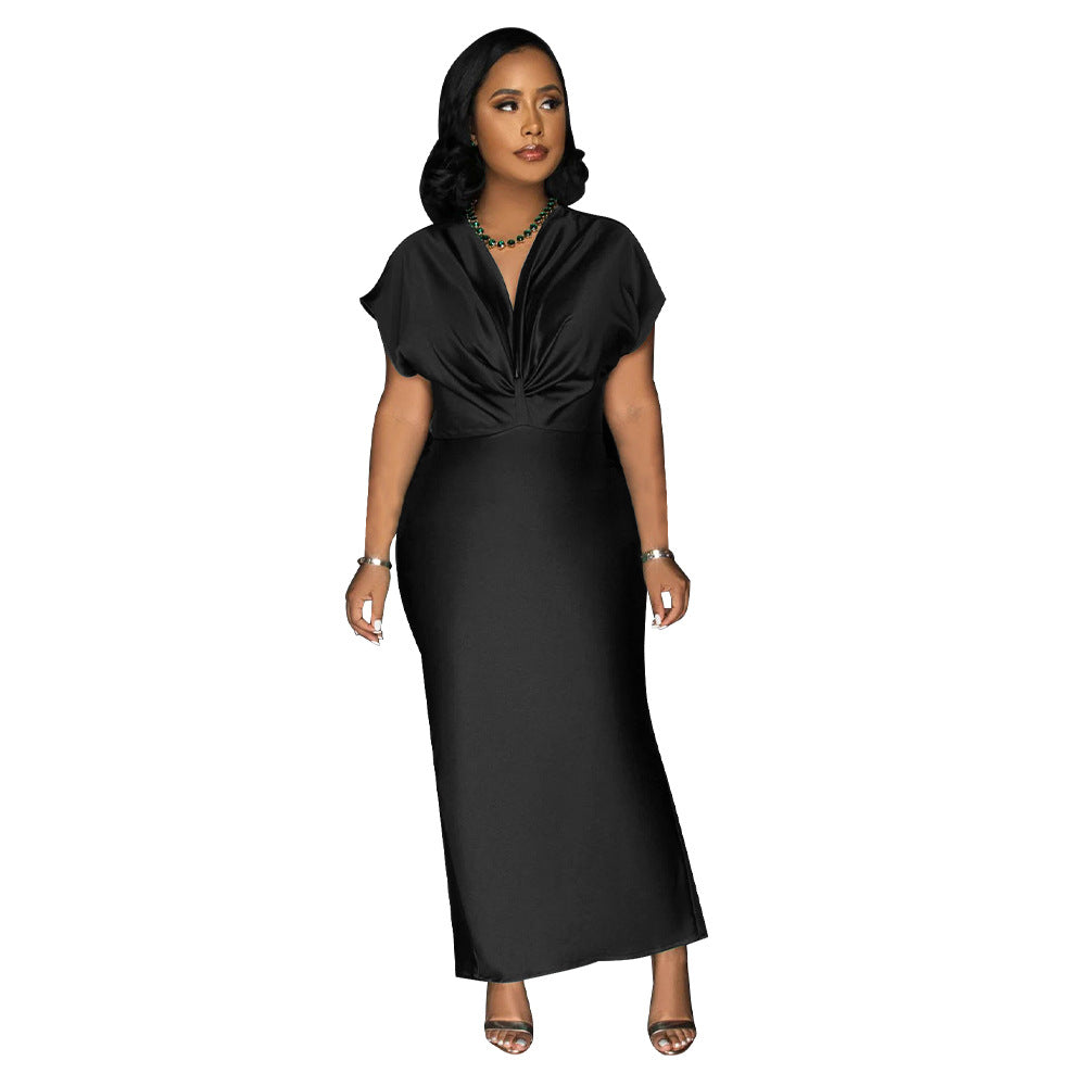 Women Wear V neck Short Sleeve Elegant Slim Back Slit Dress