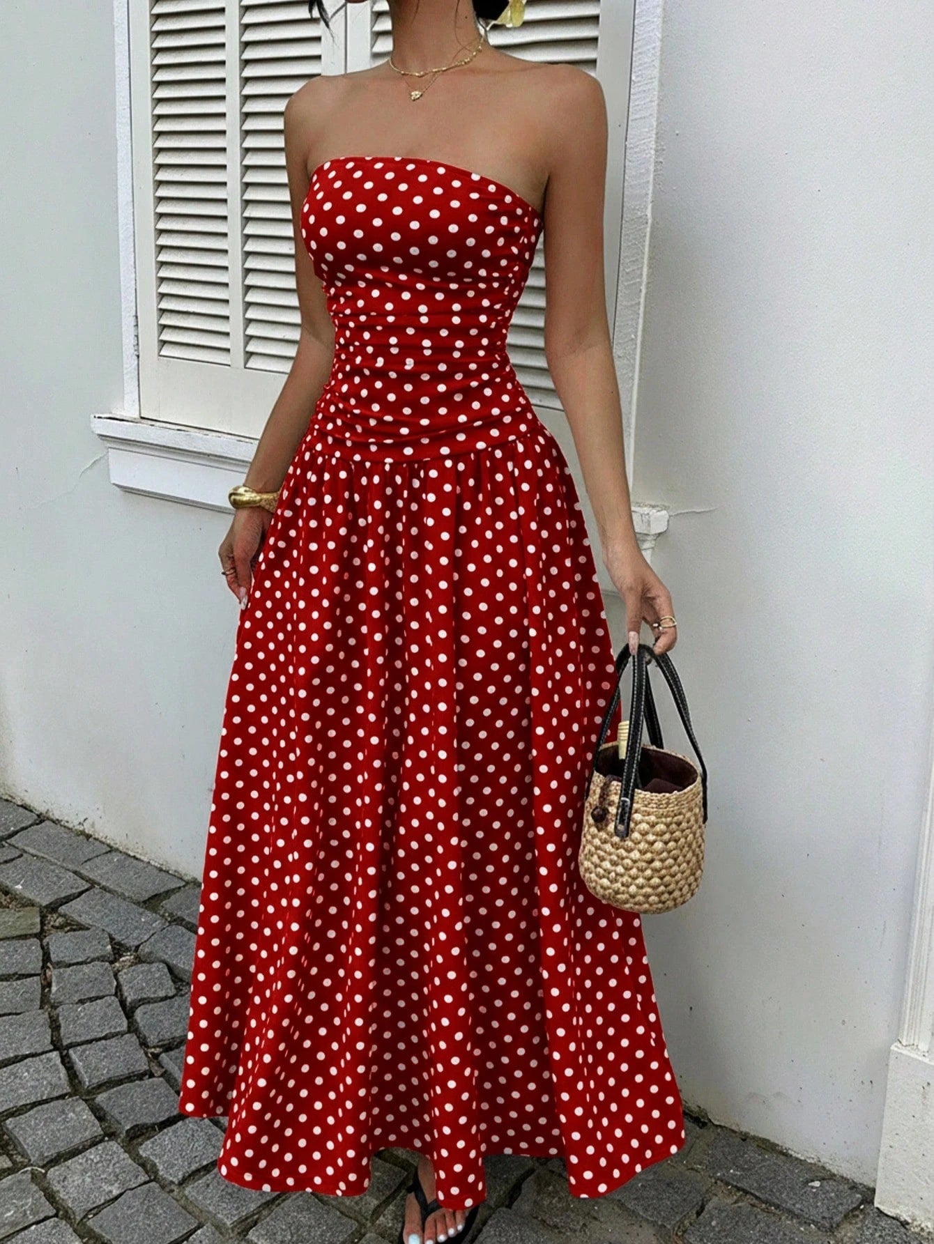 Spring Summer Sexy off the Shoulder Polka Dot A line Elegant Waist Slimming Dress Evening Dress