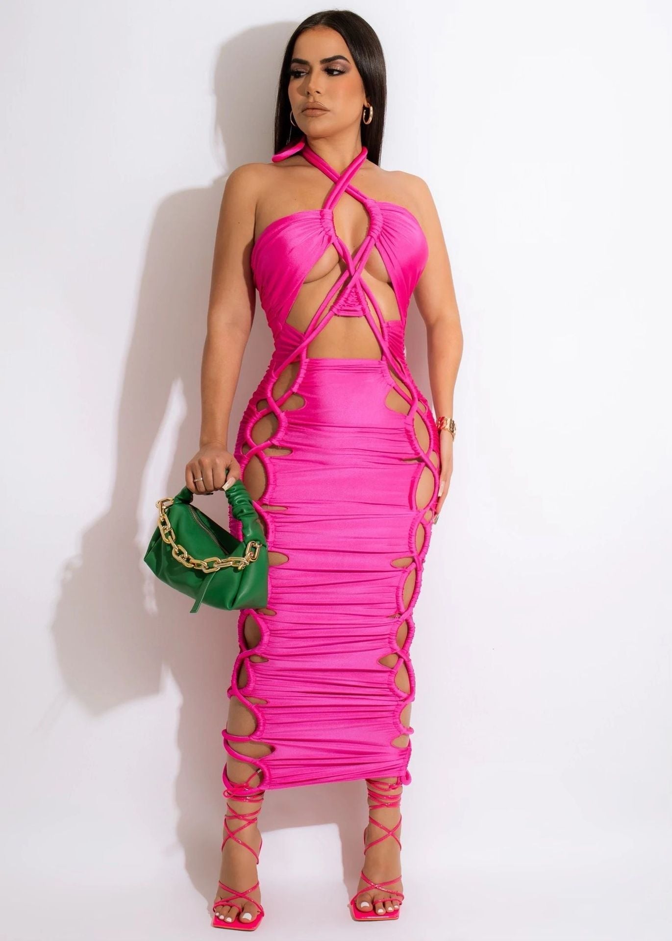 Women Clothing Thick Rope Lace up Elastic Band Double Headed Zipper Dress
