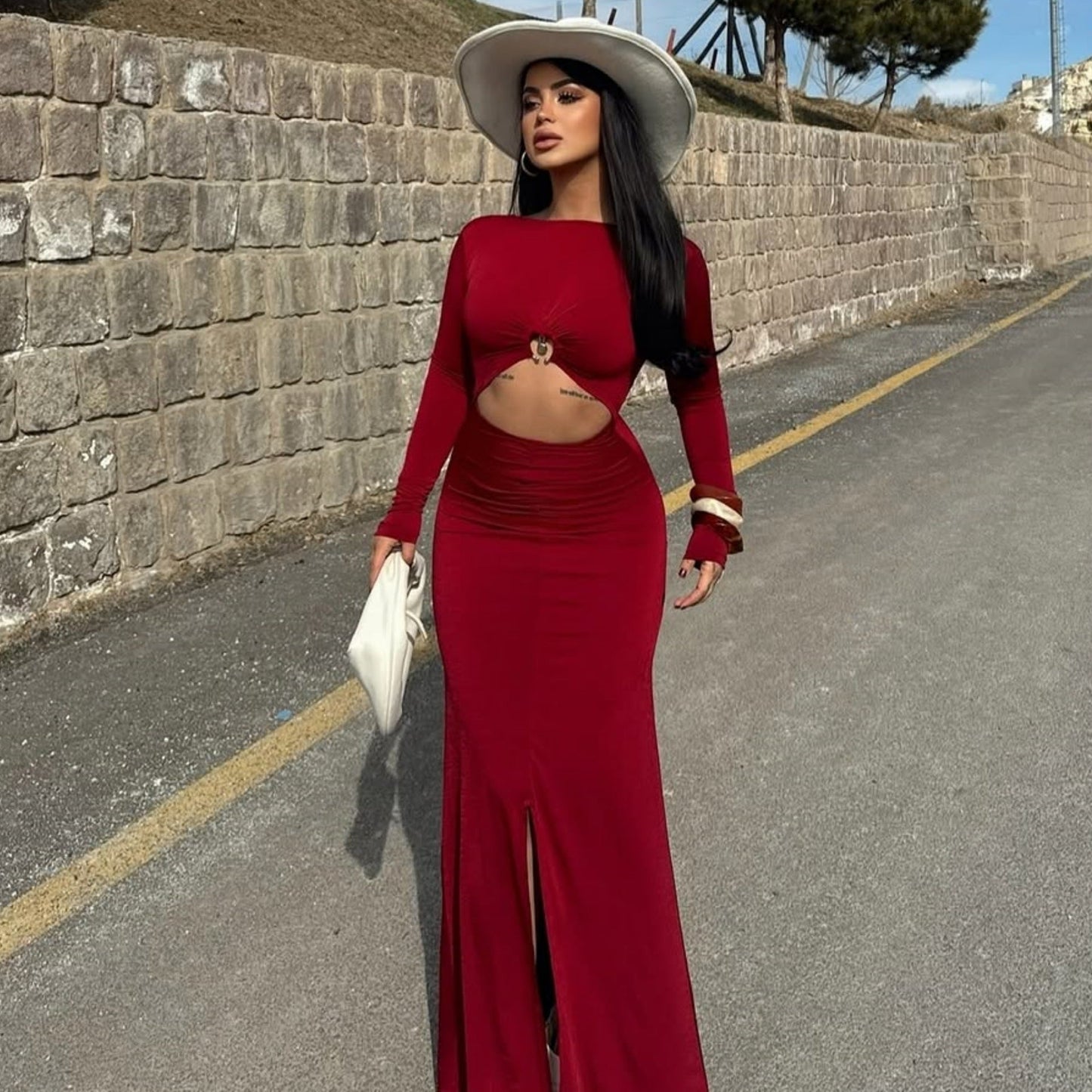 Women Clothing Maxi Dress Hollowed out Long Sleeve Dress