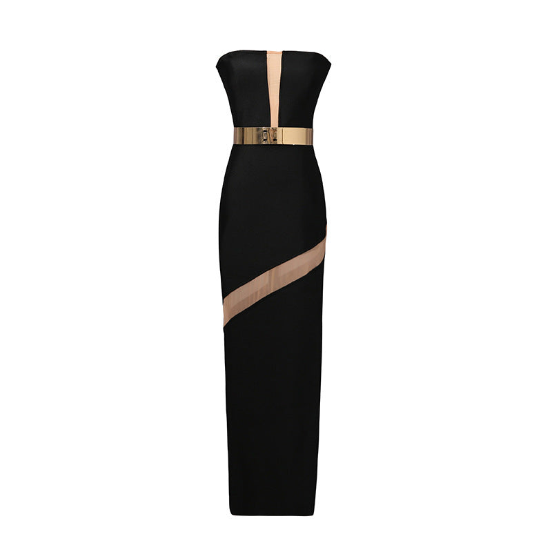Sexy Slim Fit Party Evening Dress Tube Top Black Dress Summer Side Slit See through Type V neck Dress